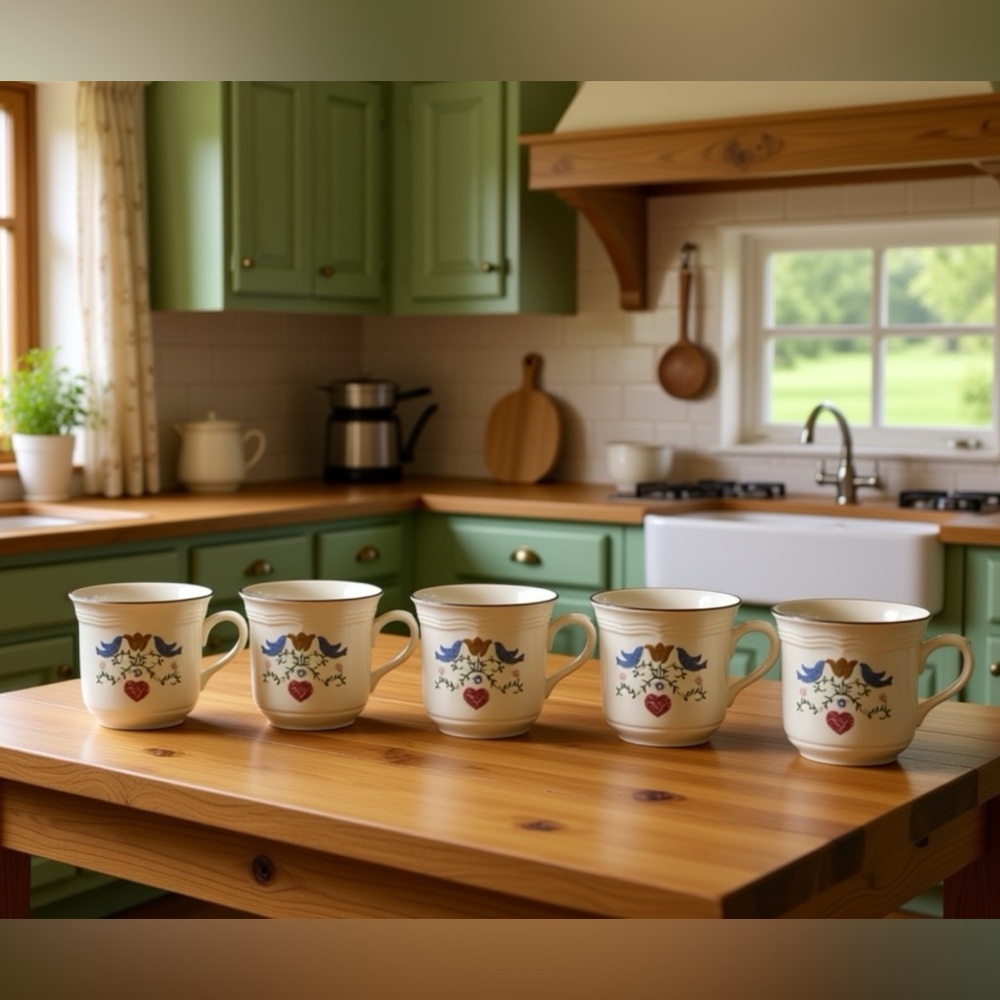 Vintage Newcor Homecoming Stoneware Mugs Set of 5 Blue Bird & Heart Cottagecore